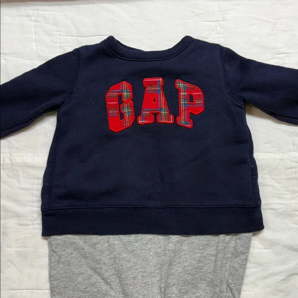 Baby Gap Navy Blue &‎ Gray Plaid Logo Toddler Jumpsuit One-Piece